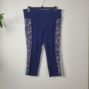 St Johns Bay Navy Blue Ankle Leggings Floral Side Panels Large Petite